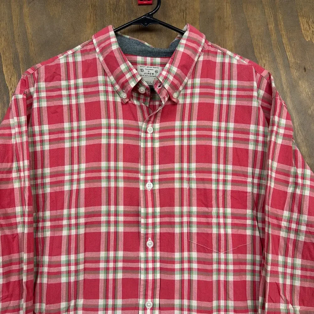 J.Crew Tailored Mens Shirt Pink Red Plaid Woven Button Down Long Sleeve XL